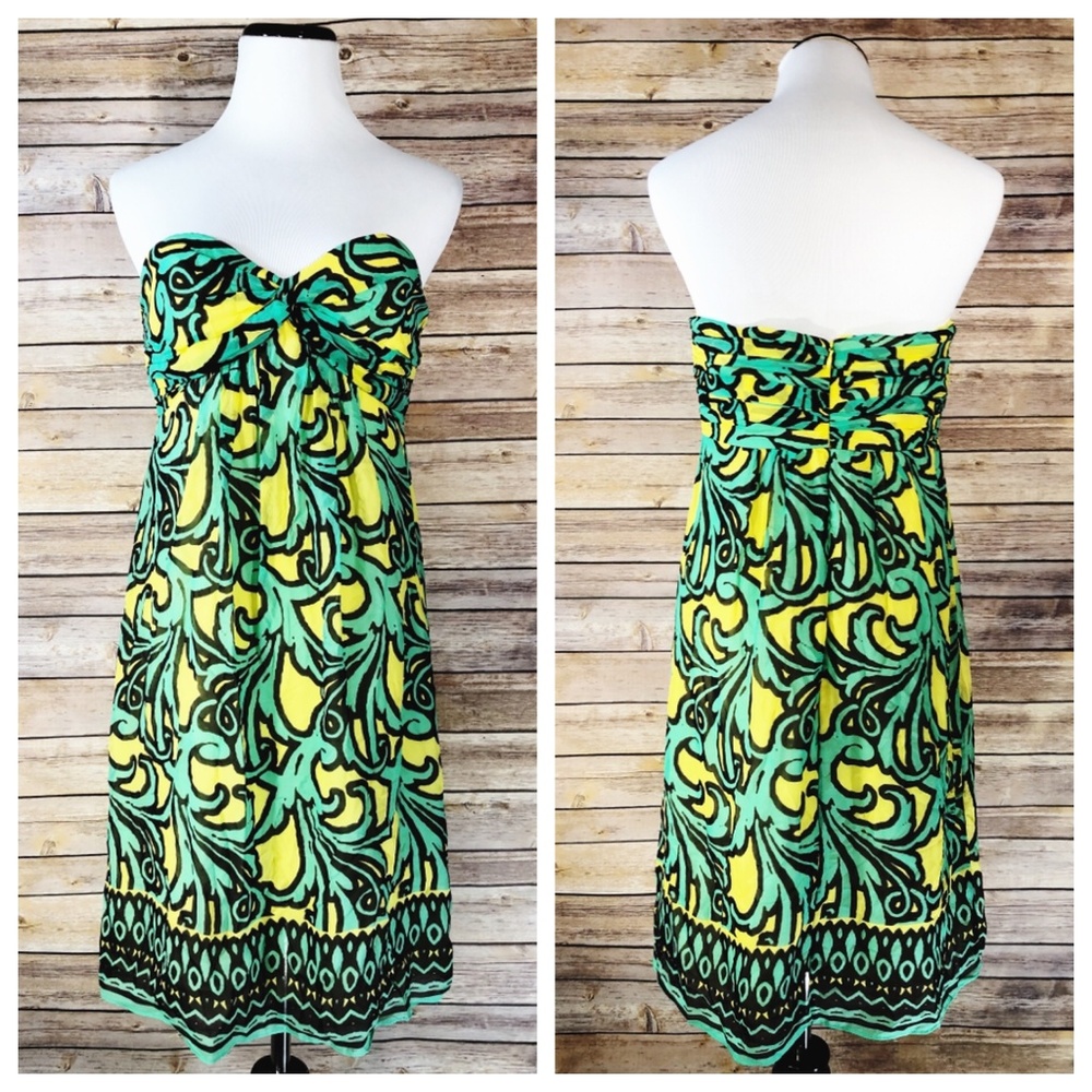 Milly New York Green & Yellow Silk Strapless Dress
